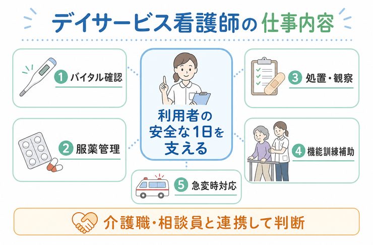デイサービス看護師の派遣とは?仕事内容・医療行為・向いている人を解説 1 デイサービス看護師の仕事内容を整理した図解