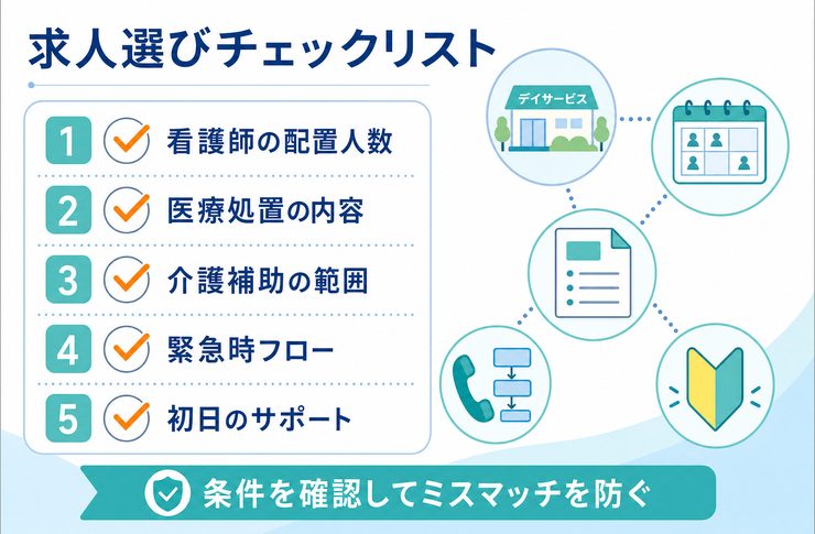デイサービス看護師の派遣とは?仕事内容・医療行為・向いている人を解説 3 デイサービス看護師の派遣求人を選ぶ前に確認したい項目のチェックリスト