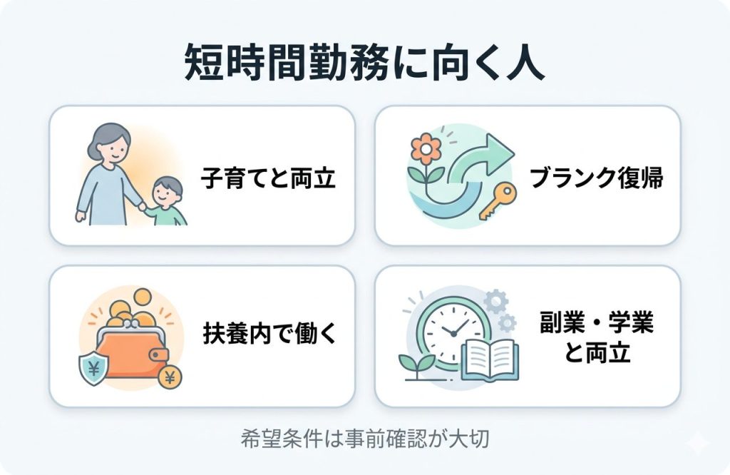 
保育士派遣の早番・遅番が短時間勤務に向いている人を整理した図解
