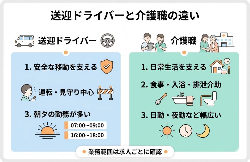 送迎ドライバーと介護職の役割の違いを比較した図解