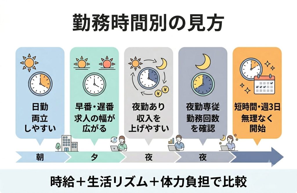 介護派遣の時給相場はいくら?資格・勤務時間・施設別に高時給を狙うコツを解説 2 日勤・早番遅番・夜勤など介護派遣の勤務時間別特徴を比較した図解