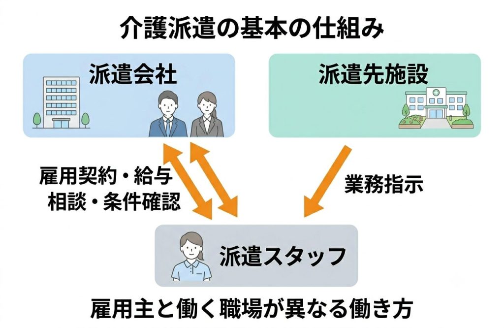 介護派遣社員とは?正社員・パートとの違いと向いている人をわかりやすく解説 1 介護派遣社員における派遣会社・派遣先施設・派遣スタッフの関係を示す図解