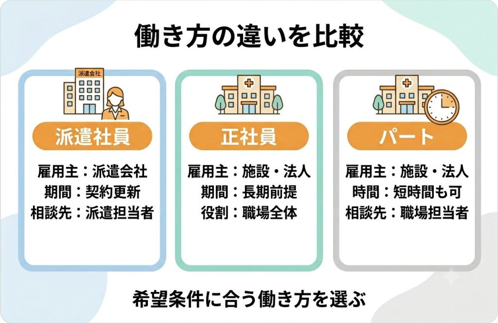 介護派遣社員とは?正社員・パートとの違いと向いている人をわかりやすく解説 2 介護派遣社員と正社員・パートの違いを比較した図解