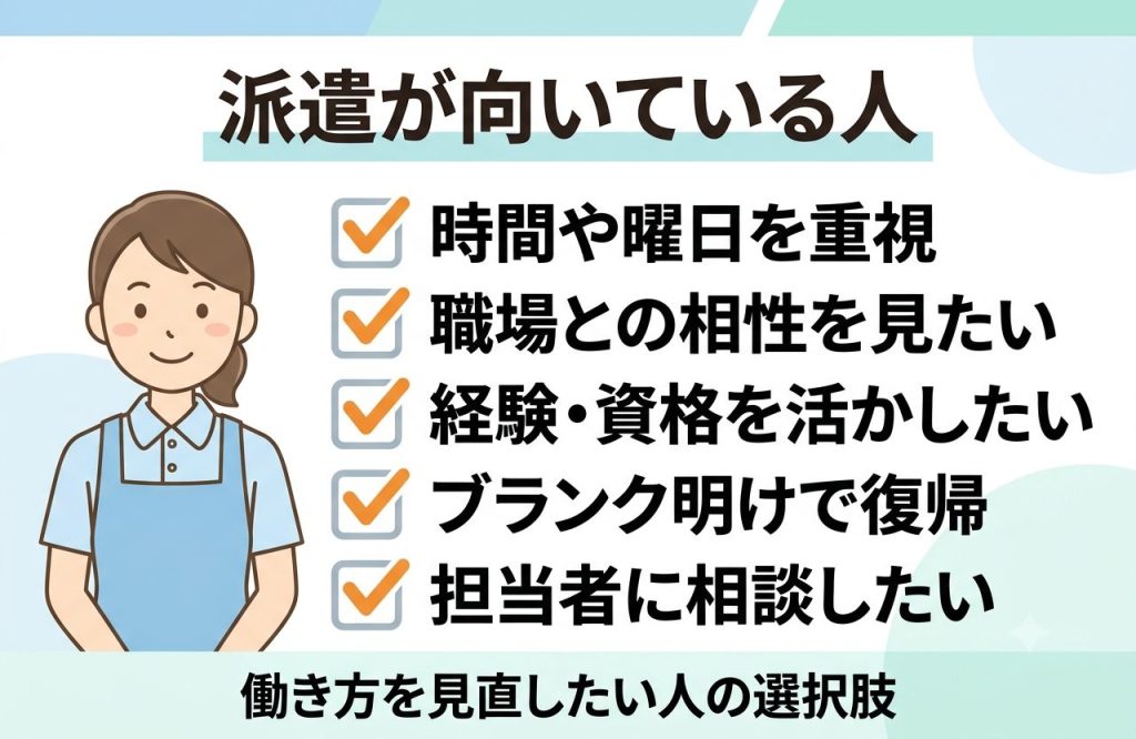 介護派遣社員とは?正社員・パートとの違いと向いている人をわかりやすく解説 3
介護派遣社員に向いている人の特徴をまとめたチェックリスト