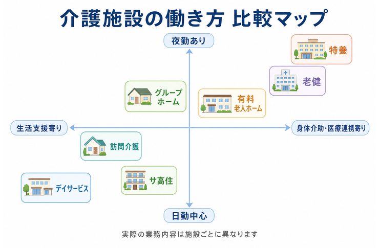 特養、老健、デイサービス、有料老人ホーム、グループホーム、訪問介護、サ高住の働き方の違いを比較した図