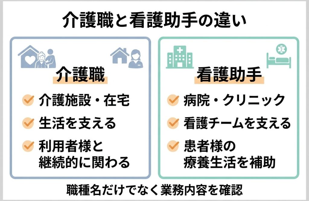 介護職と看護助手の違いは?仕事内容・向いている人・求人選びのポイントを解説 1
介護職と看護助手の勤務先や支援目的の違いを比較した図解