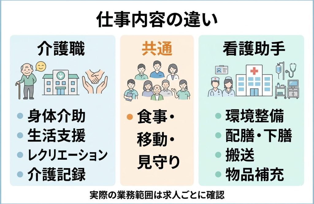介護職と看護助手の違いは?仕事内容・向いている人・求人選びのポイントを解説 2 介護職と看護助手の仕事内容の違いと共通点を整理した業務マップ