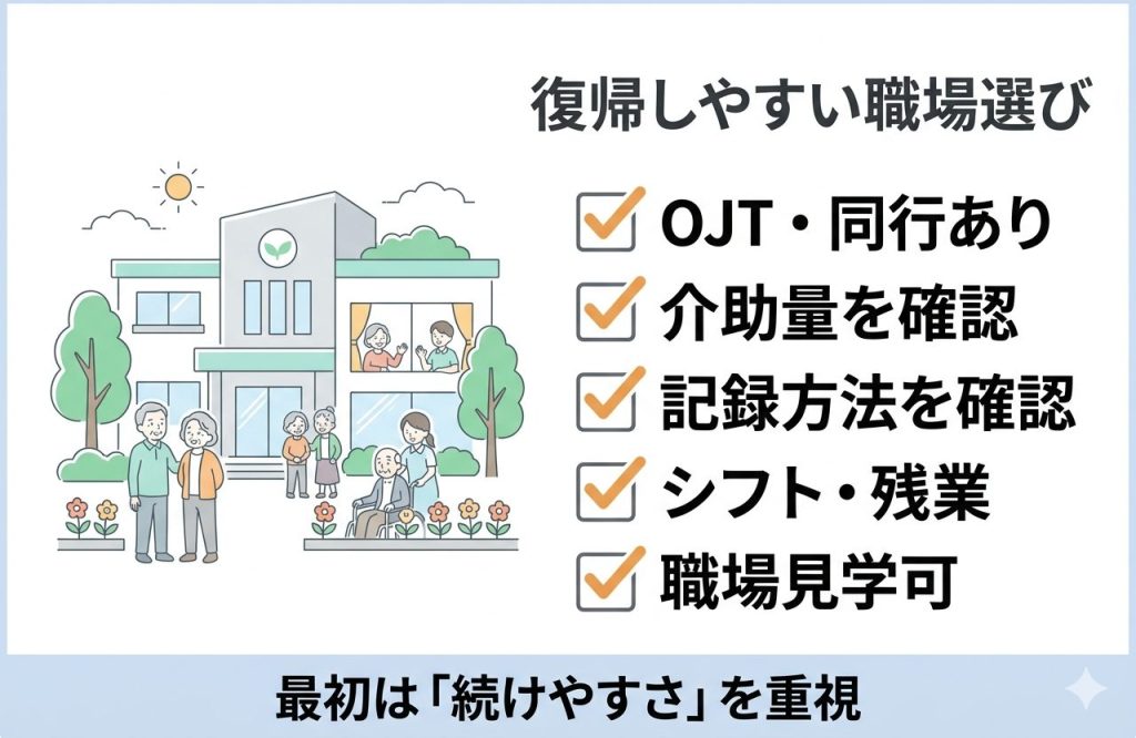ブランク明けで介護職に復帰できる?不安を減らす職場選びと派遣で働くコツ 2 ブランク明けの介護職復帰で確認したい職場選び5つのポイント
