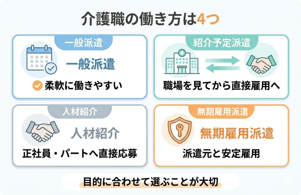 介護職の働き方は派遣だけじゃない|紹介予定派遣・人材紹介・無期雇用派遣の違い 1 介護職の4つの働き方として一般派遣・紹介予定派遣・人材紹介・無期雇用派遣を整理した図解