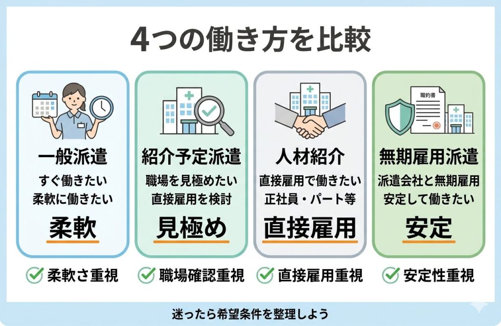 介護職の働き方は派遣だけじゃない|紹介予定派遣・人材紹介・無期雇用派遣の違い 2 介護職の4つの働き方として一般派遣・紹介予定派遣・人材紹介・無期雇用派遣を整理した図解
