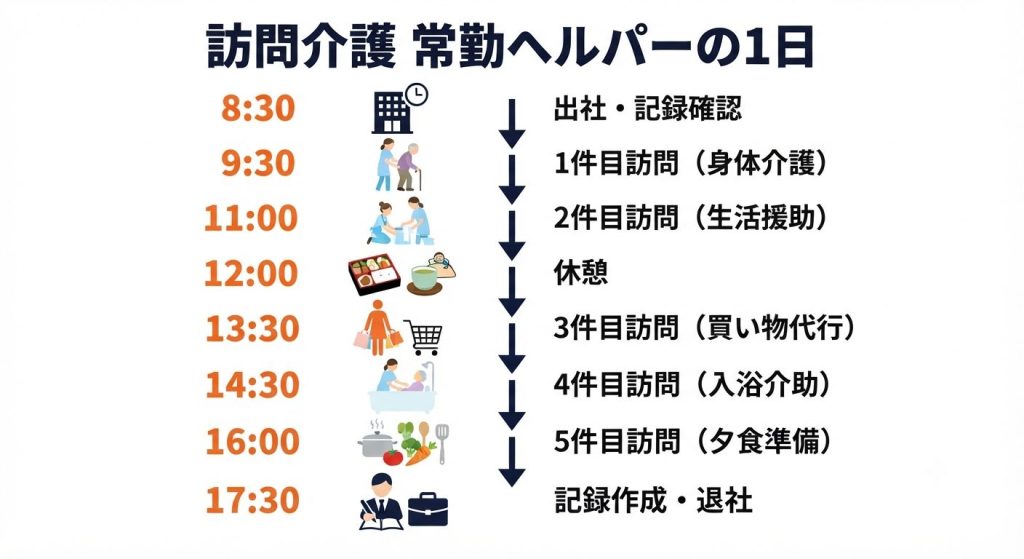 訪問介護の仕事内容とは?1日の流れ・給料・施設介護との違い・向いている人を解説 1 訪問介護 常勤ヘルパーの1日のスケジュール(タイムライン)