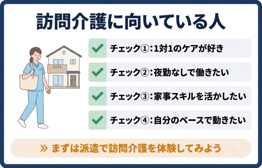 訪問介護の仕事内容とは?1日の流れ・給料・施設介護との違い・向いている人を解説 3 訪問介護に向いている人の特徴チェックリスト