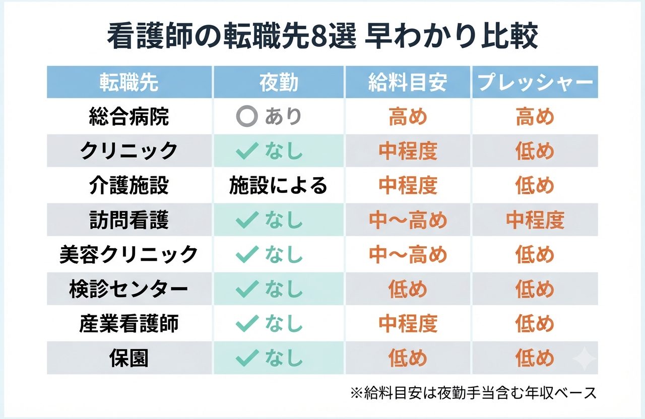 看護師の転職先の選び方|病院・施設・クリニックの違いと自分に合う職場の見つけ方 2 看護師の主な転職先8種類(病院・クリニック・介護施設・訪問看護・美容クリニック・検診センター・産業看護師・保育園)の夜勤・給料・プレッシャーを比較した一覧図
