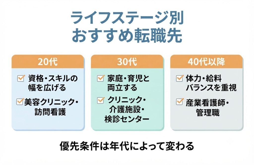 看護師の転職先の選び方|病院・施設・クリニックの違いと自分に合う職場の見つけ方 3 看護師のライフステージ(20代・30代・40代以降)別に、それぞれに合った転職先とポイントを整理したロードマップ図