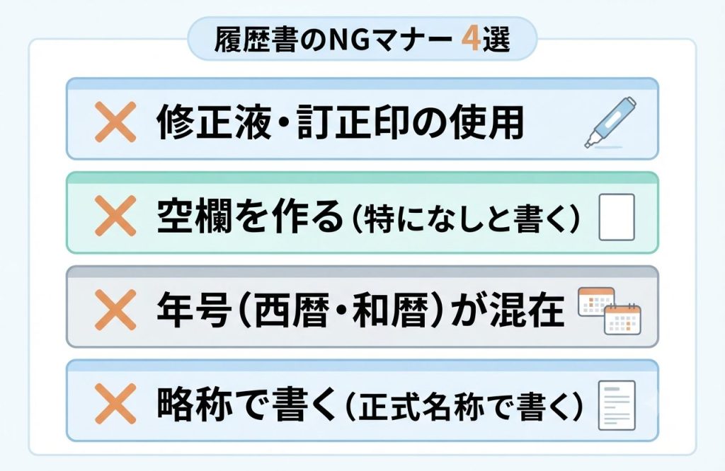 看護師の履歴書・自己PRの書き方【例文あり】転職で採用される書き方のコツ 4 履歴書のNGマナー 4選